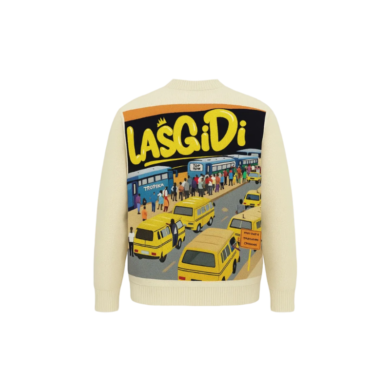 Sweater with 'LASGIDI' text and graphic of people and buses on a white background