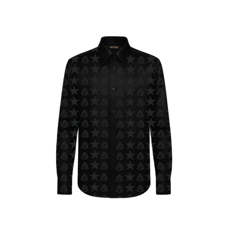 Aura and Steeze Black shirt with star ans aura and steeze pattern on a white background