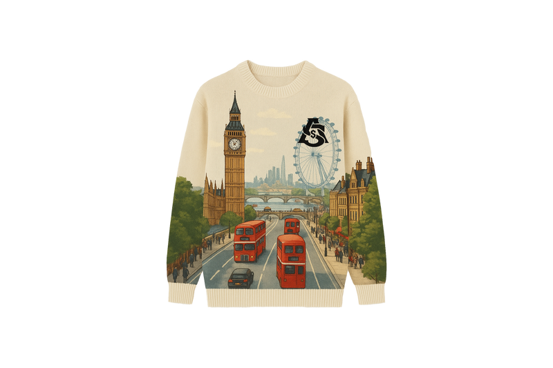 Aura and Steeze Sweater with London-themed design featuring Big Ben, a clock, and double-decker buses.
