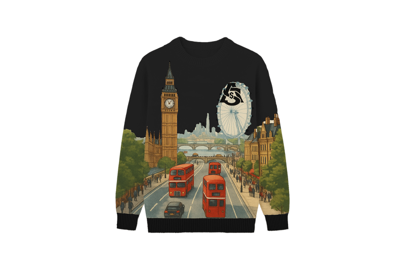 Aura and Steeze Sweater with London-themed design featuring Big Ben, the London Eye, and double-decker buses.