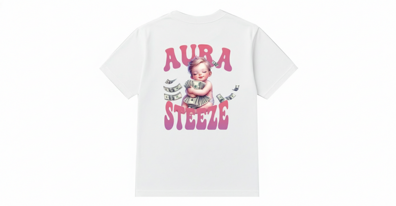 White t-shirt back view with pink AURA STEEZE graphic and white background