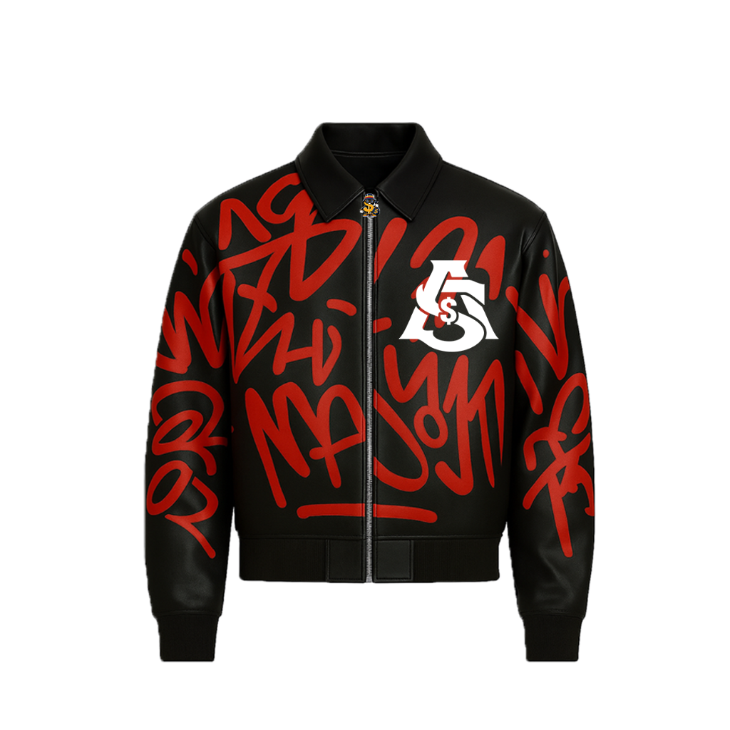 AURA $ STEEZE – Graffiti Monarch PU Leather Jacket (Black & Red)