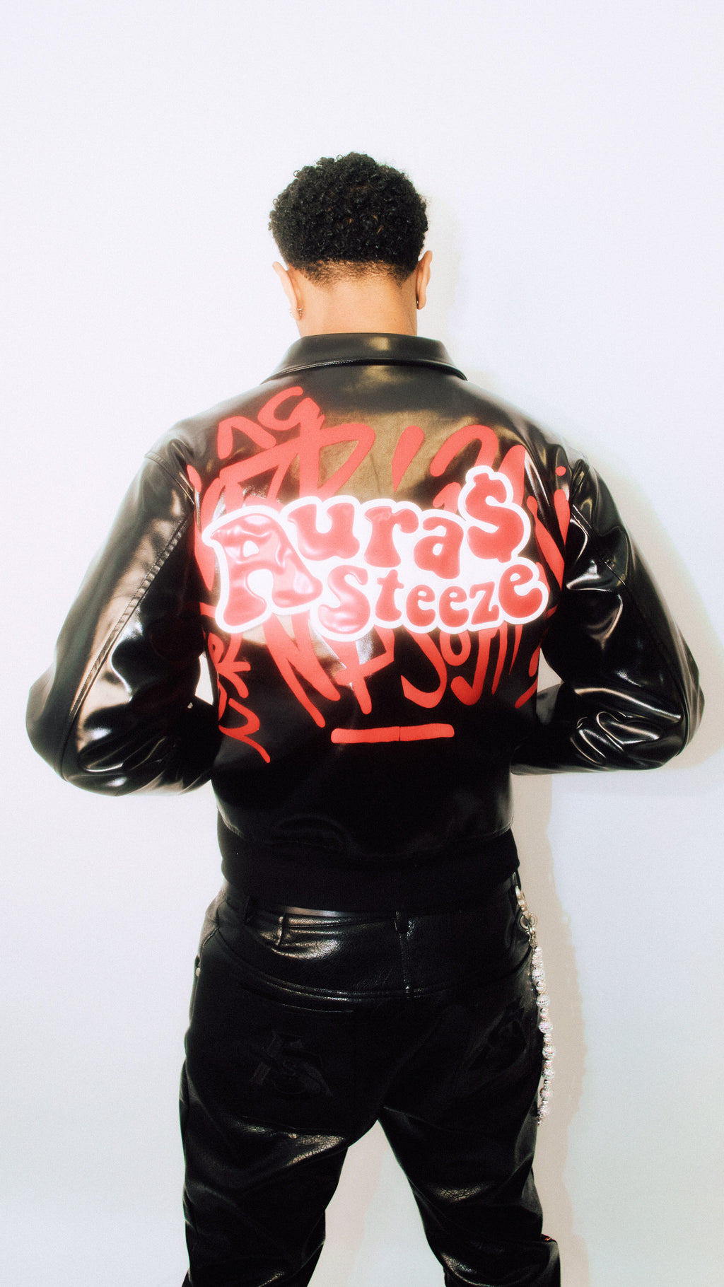 AURA $ STEEZE – Graffiti Monarch PU Leather Jacket (Black & Red)