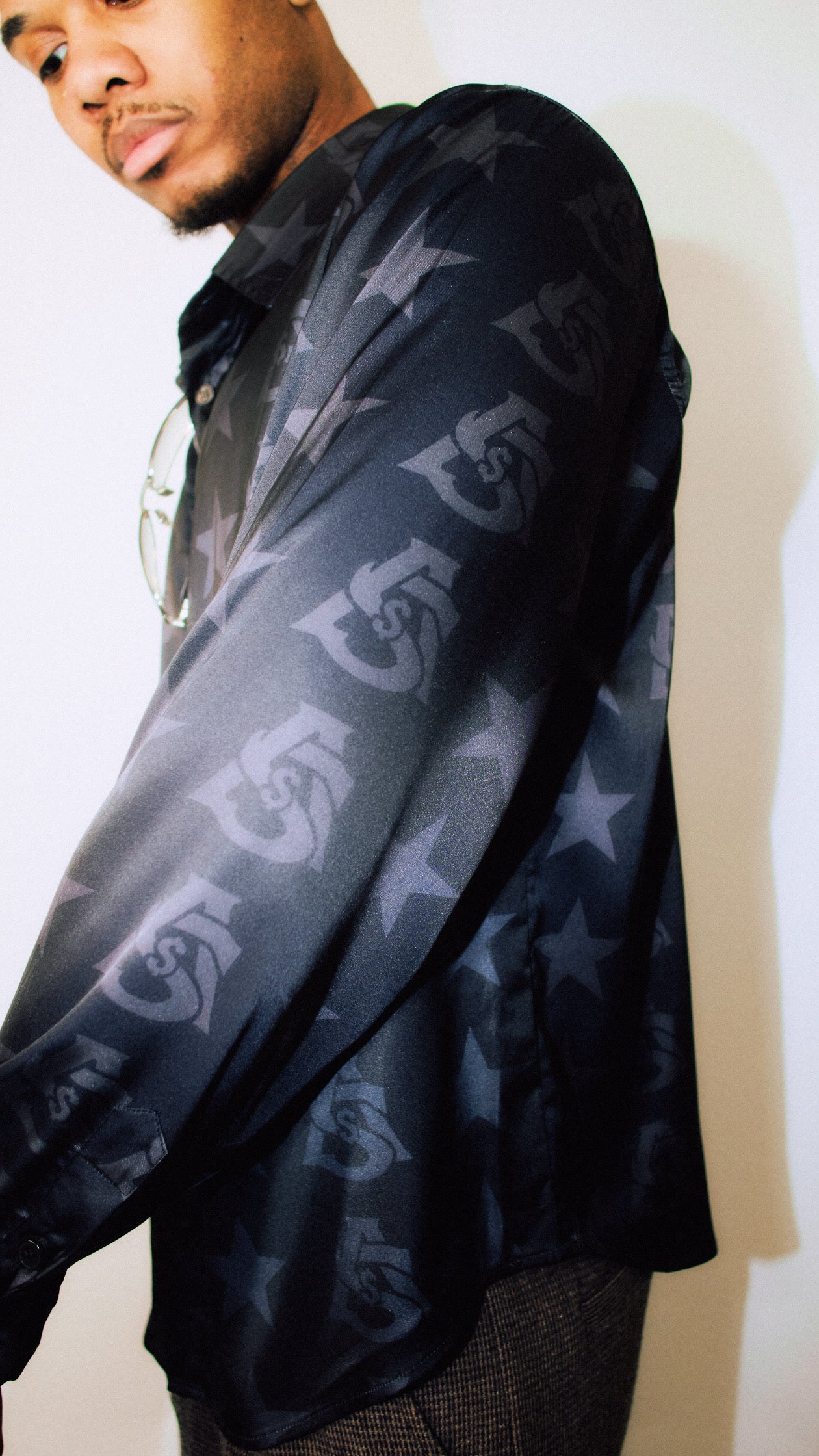 AURA $ STEEZE – Black Star Monogram Silk Shirt (Long Sleeve)