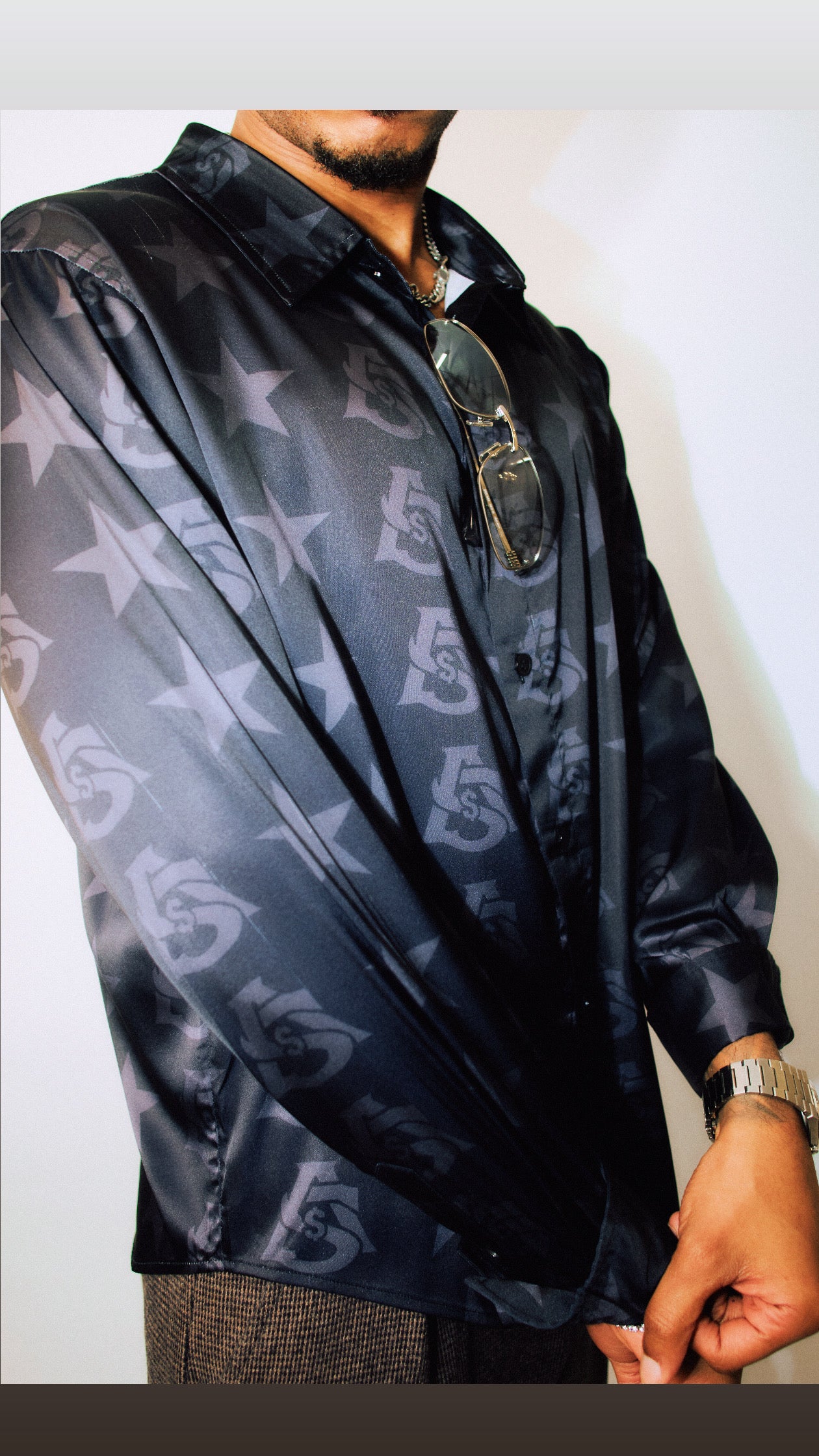 AURA $ STEEZE – Black Star Monogram Silk Shirt (Long Sleeve)