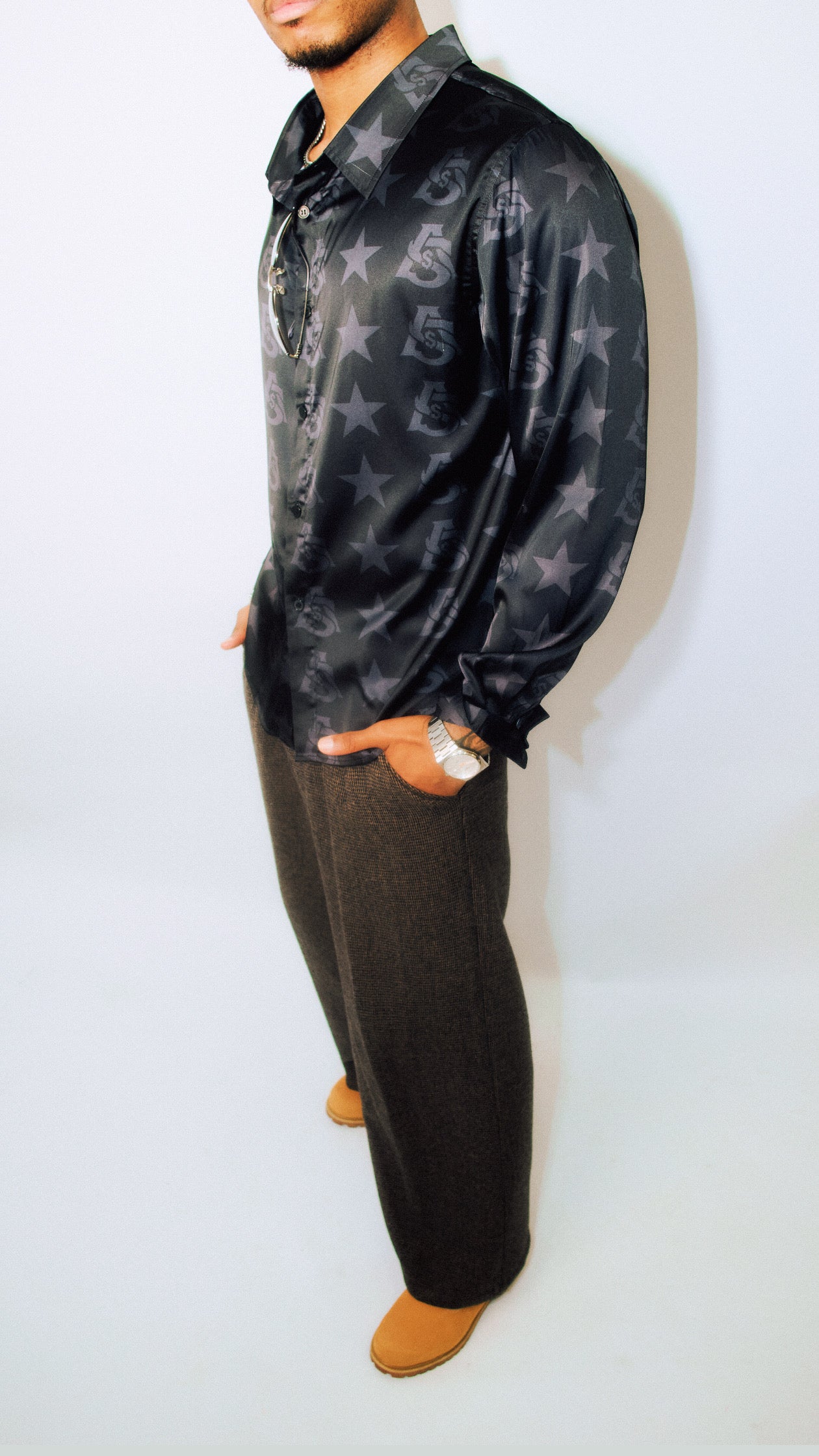 AURA $ STEEZE – Black Star Monogram Silk Shirt (Long Sleeve)