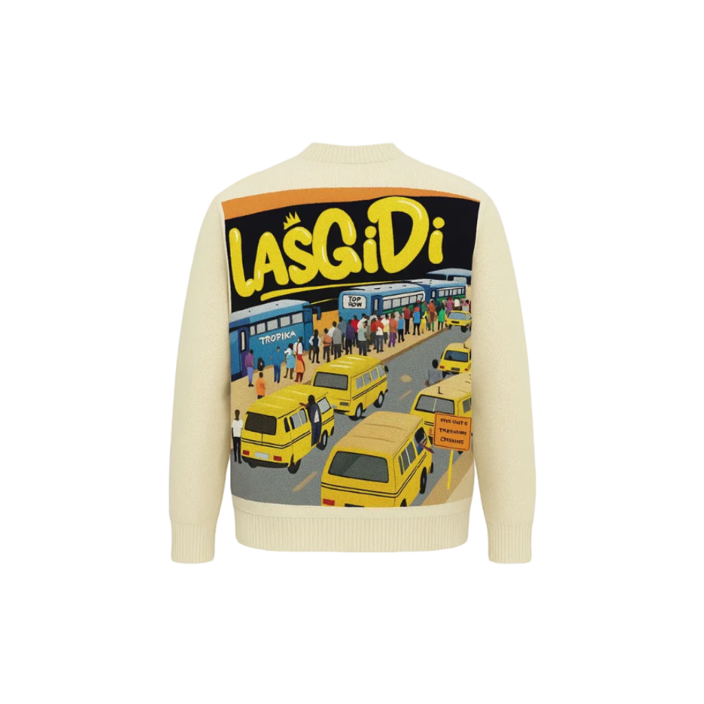 Sweater with 'LASGIDI' text and graphic of people and buses on a white background