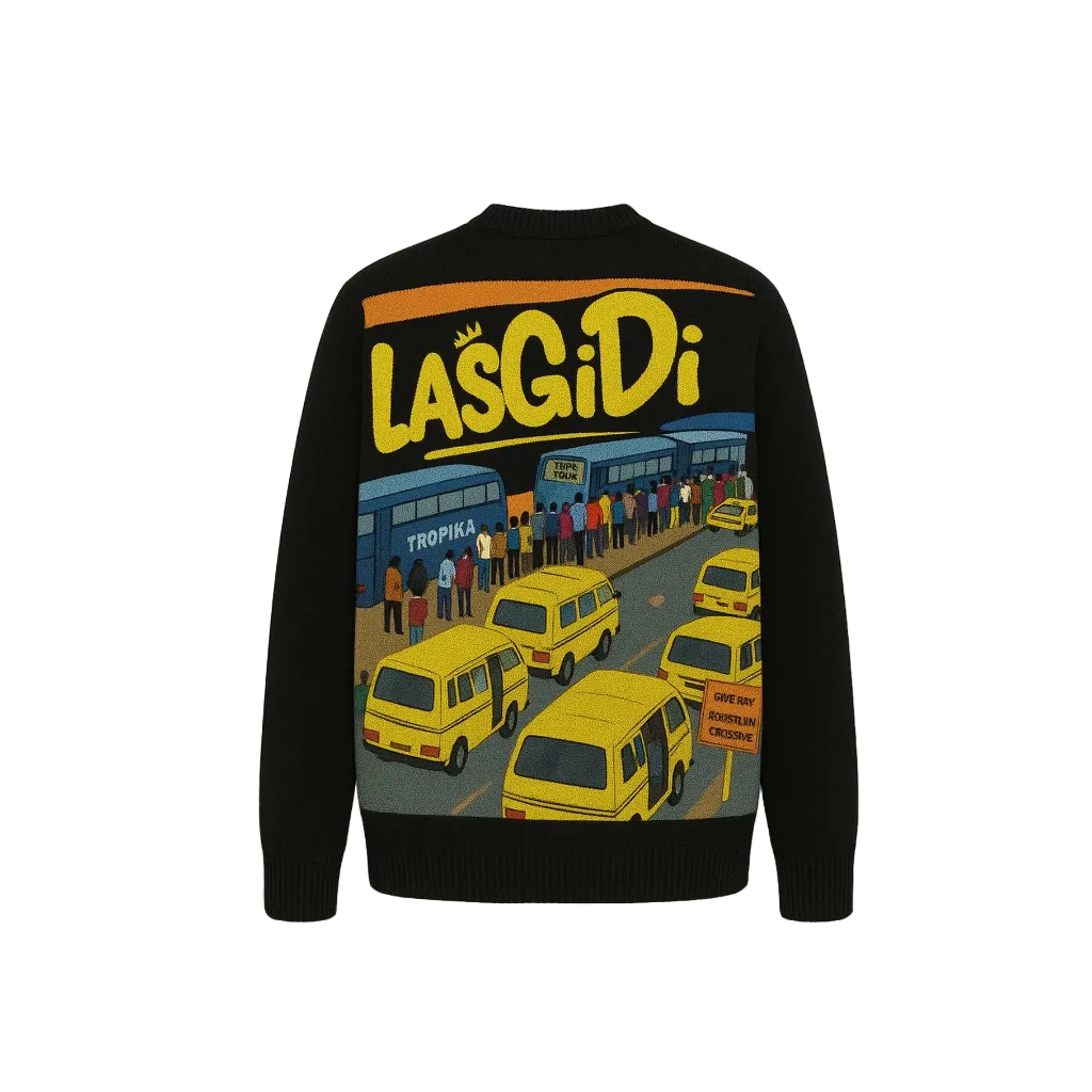 Aura and steeze Black sweater with 'LASGIDI' t graphic design 
