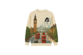 Aura and Steeze Sweater with London-themed design featuring Big Ben, a clock, and double-decker buses.