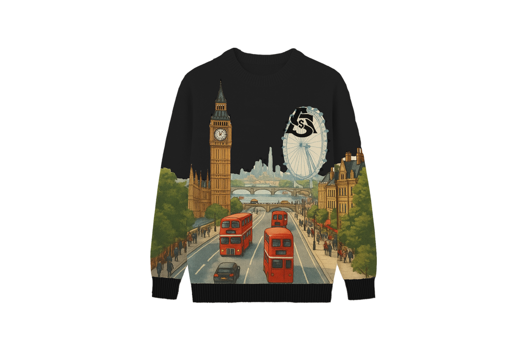 Aura and Steeze Sweater with London-themed design featuring Big Ben, the London Eye, and double-decker buses.