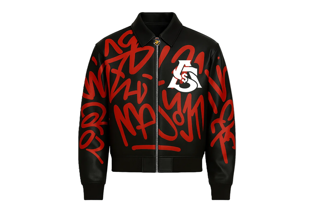 Aura and steeze Black jacket with red graffiti-style text and a white logo on a white background