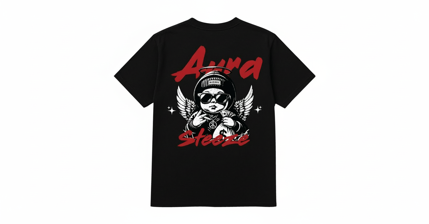 Black AURA$STEEZE t-shirt back view with white background