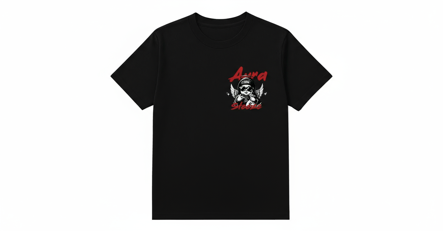 Black AURA$STEEZE t-shirt front view with white background