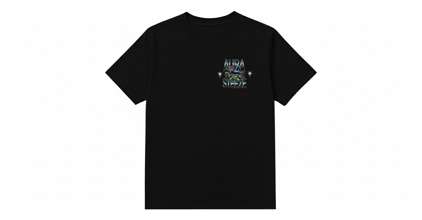 Black t-shirt back view with AURA STEEZE graphic and white background