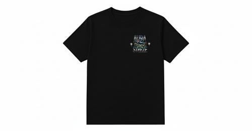 Black t-shirt back view with AURA STEEZE graphic and white background