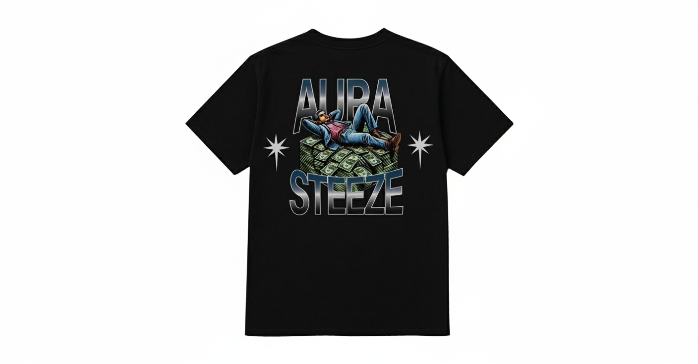 Black t-shirt back view with AURA STEEZE money graphic and white background