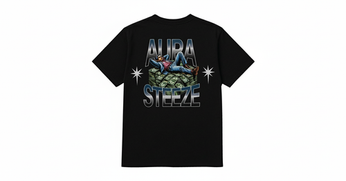 Black t-shirt back view with AURA STEEZE money graphic and white background