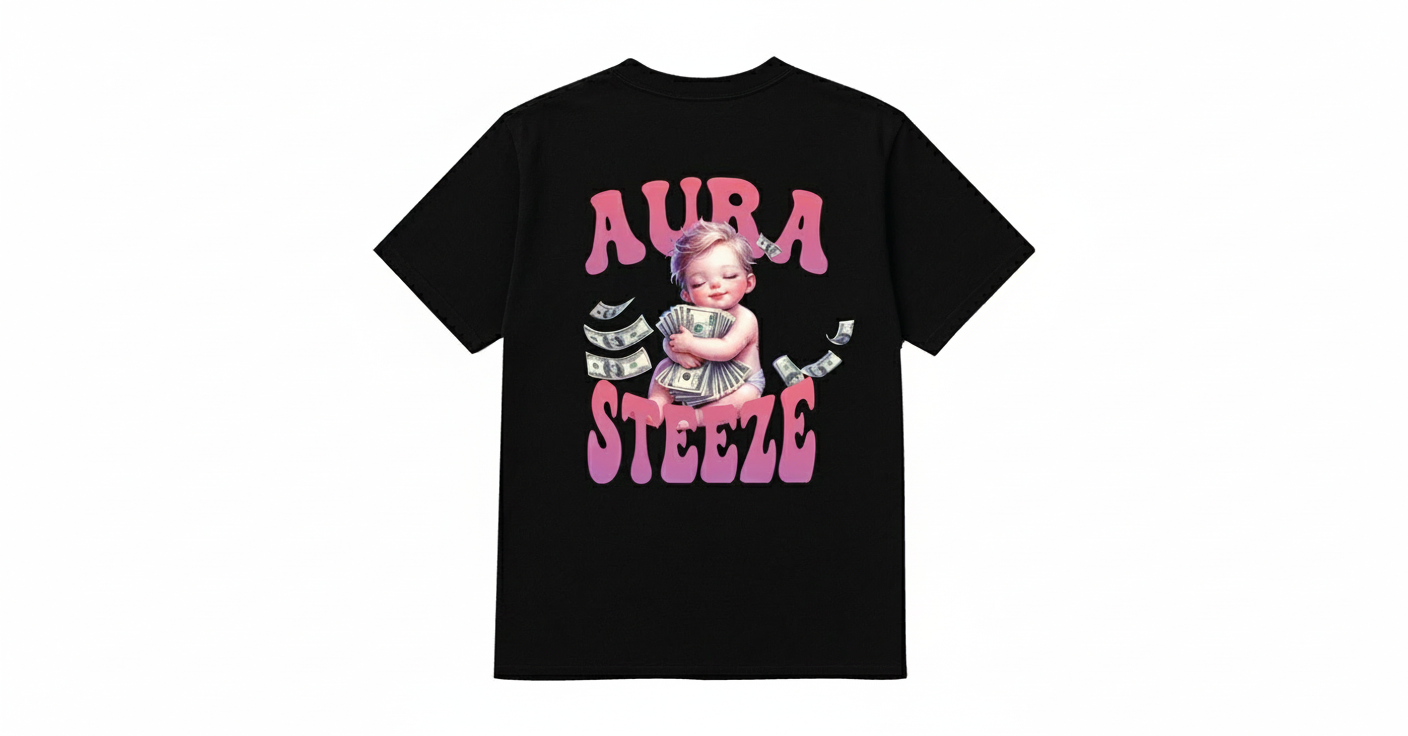 Black t-shirt back view with pink AURA STEEZE graphic and white background