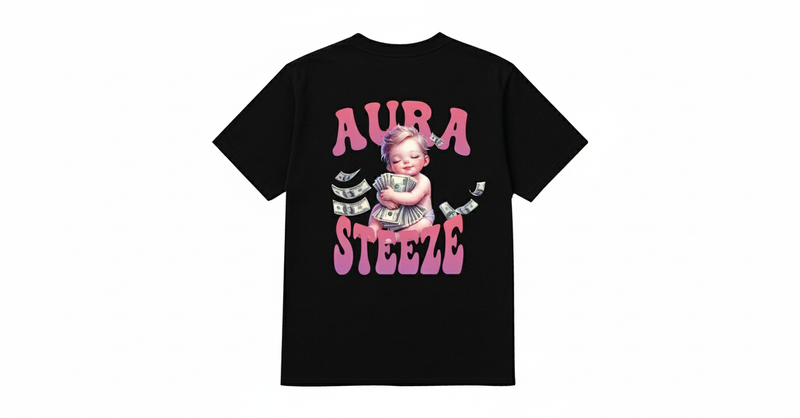 Black t-shirt back view with pink AURA STEEZE graphic and white background