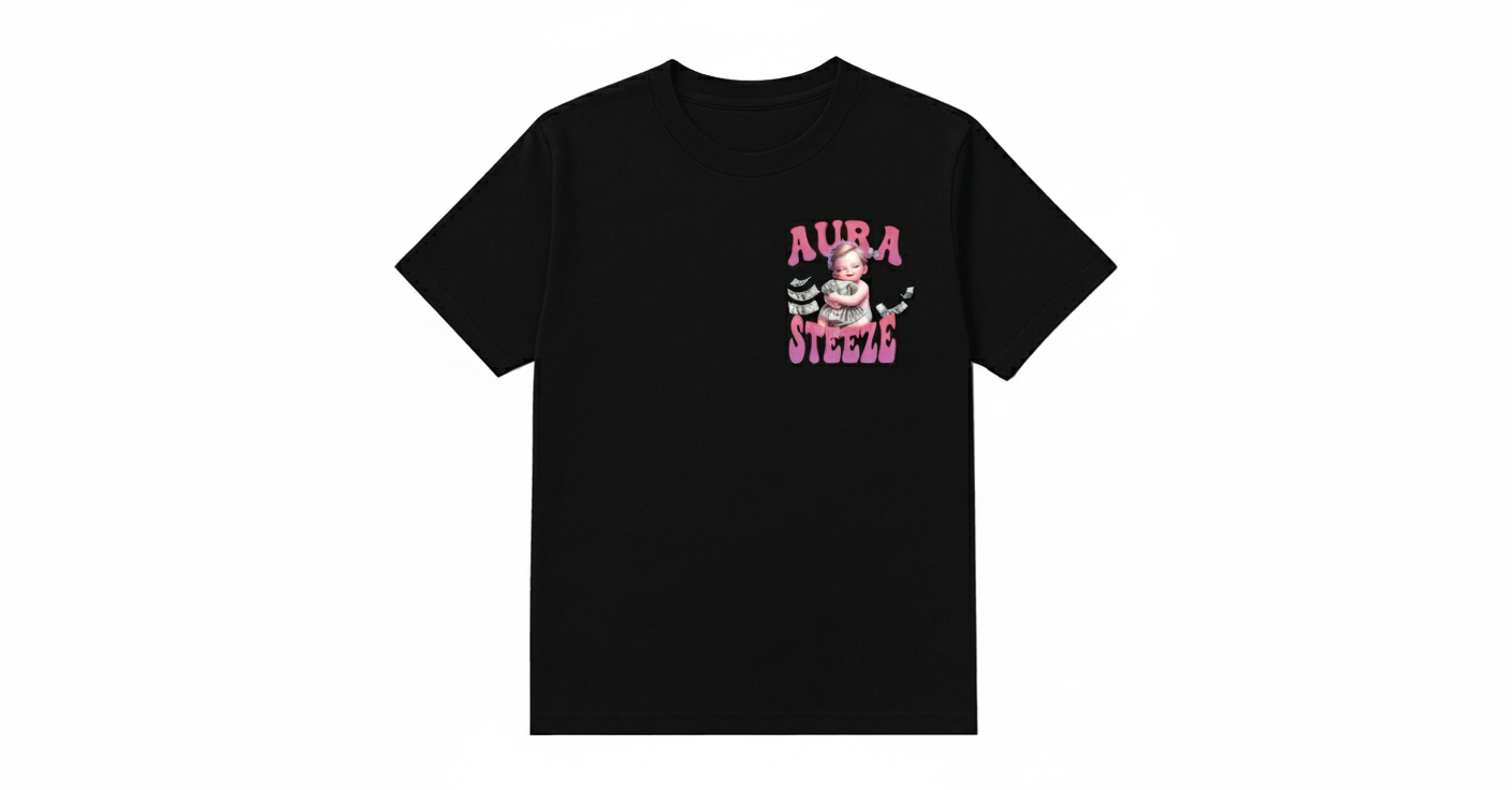 Black t-shirt with pink AURA STEEZE graphic and white background