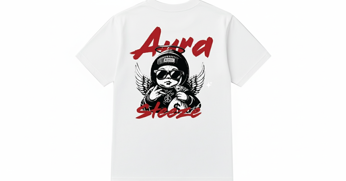 White AURA$STEEZE t-shirt back view with white background