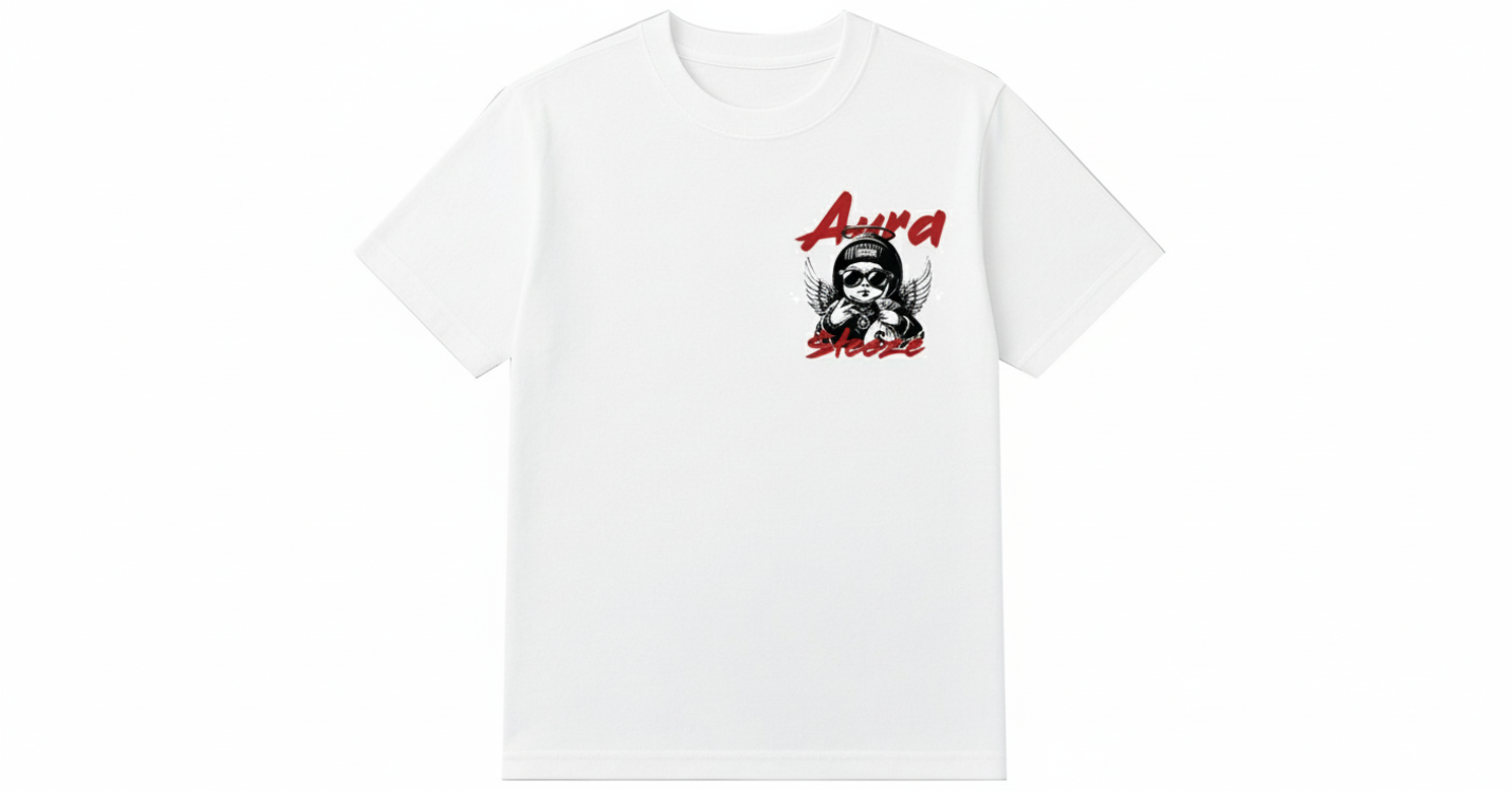 White AURA$STEEZE t-shirt front view with white background
