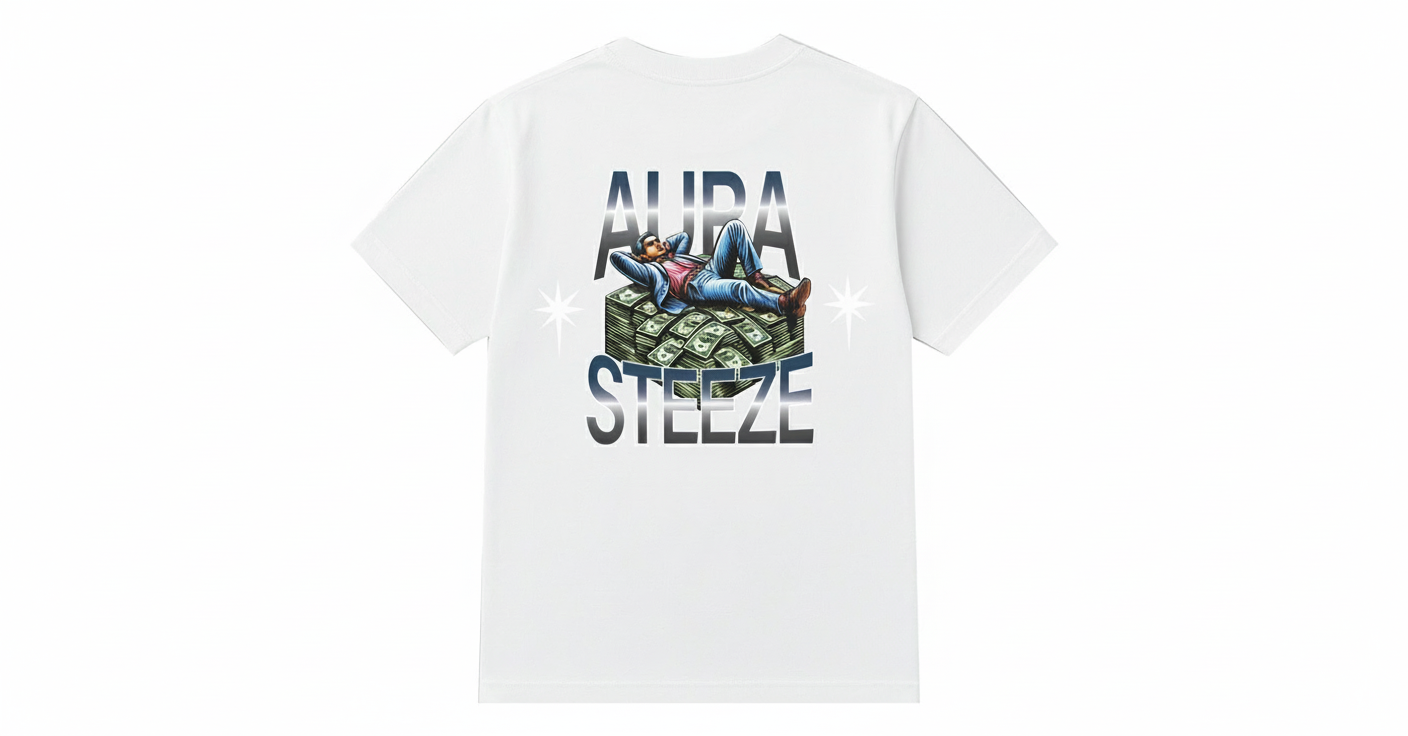 White t-shirt back view with AURA STEEZE money graphic and white background