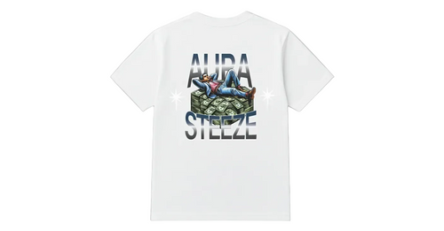 White t-shirt back view with AURA STEEZE money graphic and white background
