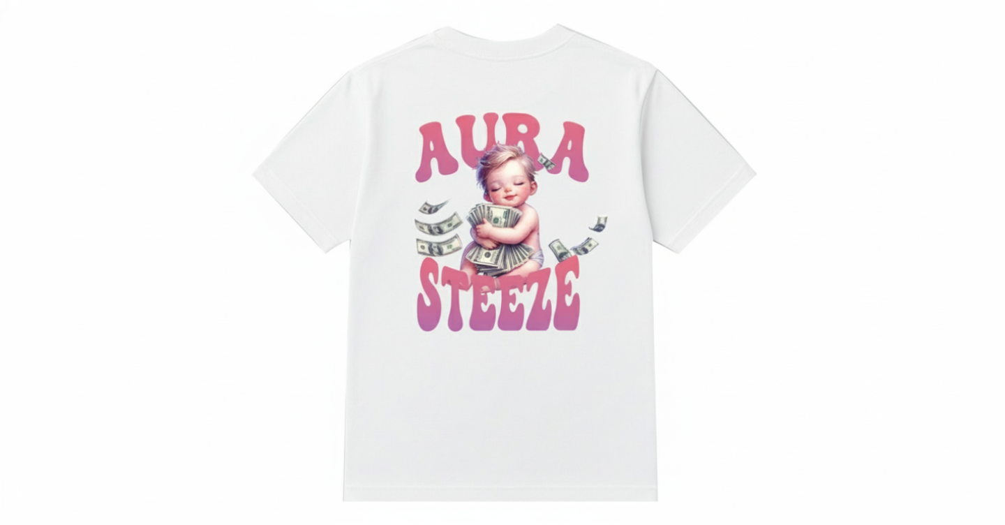 White t-shirt back view with pink AURA STEEZE graphic and white background