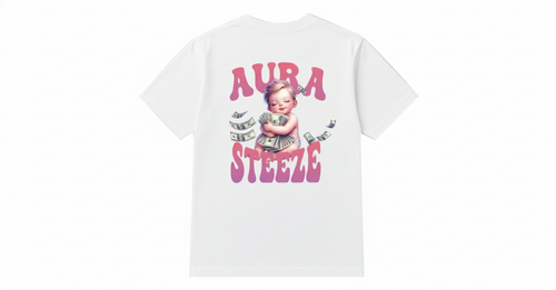 White t-shirt back view with pink AURA STEEZE graphic and white background