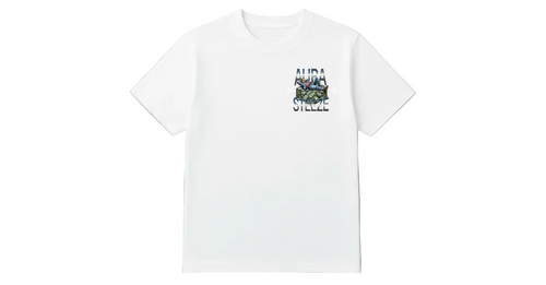 White t-shirt front view with AURA STEEZE money graphic and white background