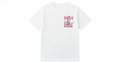 White t-shirt front view with pink AURA STEEZE graphic and white background
