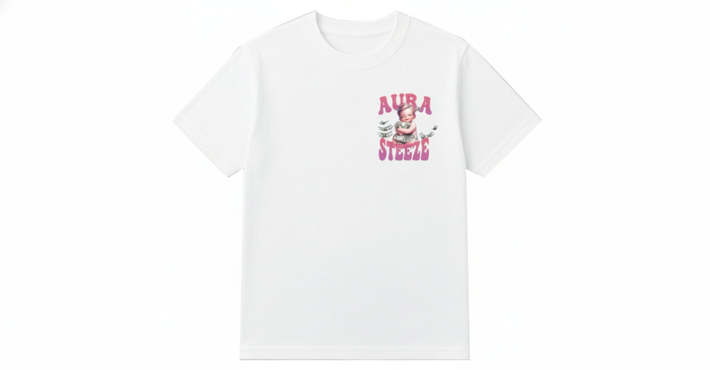 White t-shirt front view with pink AURA STEEZE graphic and white background