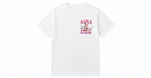 White t-shirt front view with pink AURA STEEZE graphic and white background